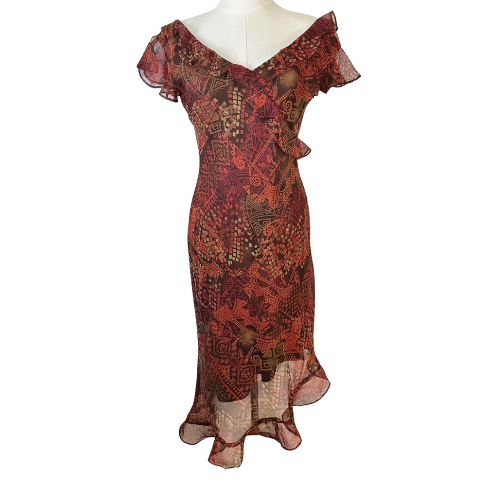 Vintage Y2K Breakin Loose Midi Dress Womens Ruffle Whimsigoth 8 Red Brown V-neck